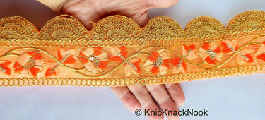 Green / Yellow / Orange And Gold Embroidered Fabric Trim With Floral Embroidery, Scallop Trim, Approx. 65mm Wide - 210119L174 / 75 / 76